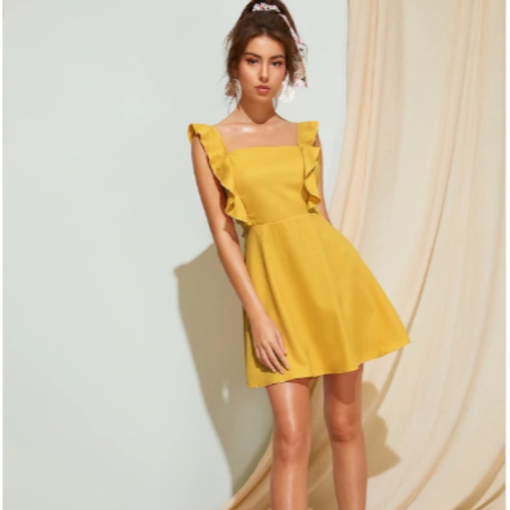 Woman Sexy Ruffle Trim Tie Back Dress